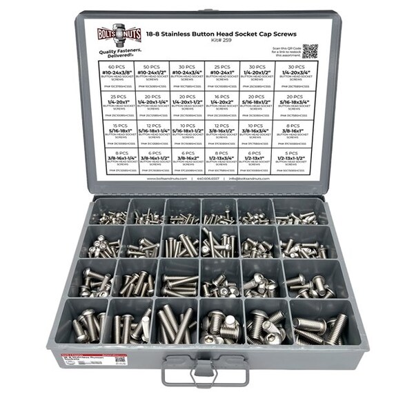 Boltsandnuts.Com Inch 18-8 Stainless Steel Allen Button Head Socket Cap Screws Bolts Assortment - 453 PCS Assortment Kit #259 - main